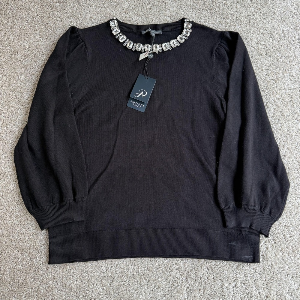 Adrianna Papell Sweater Womens M Black Embellished Jewel Neck 3/4 Sleeve